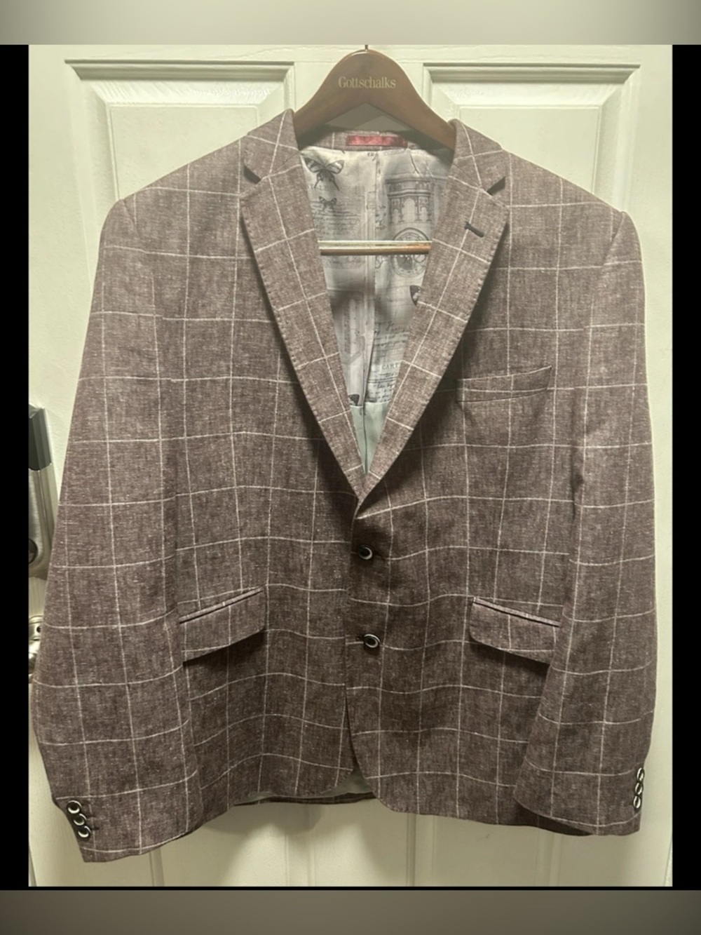 Fitecom Portuguese Fabric Mauve Plaid Linen Blazer Sport Coat Jacket 46R Mint